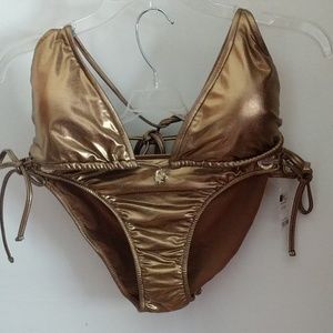 #96 Apple Bottoms Stunning Gold Lame String Bikini size XL NWT